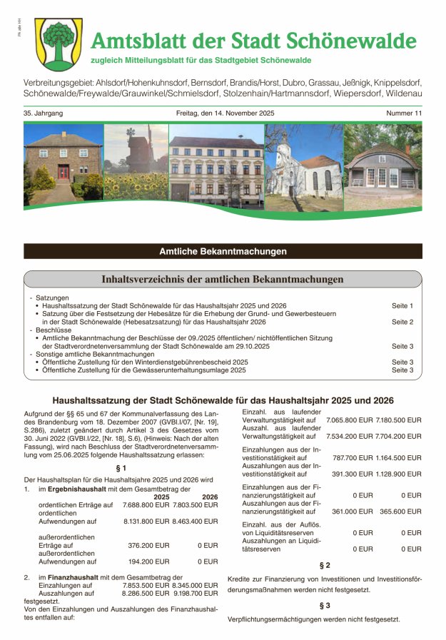 Amtsblatt der Stadt Schönewalde - Mitteilungsblatt für das Stadtgebiet Titelblatt 11/2025