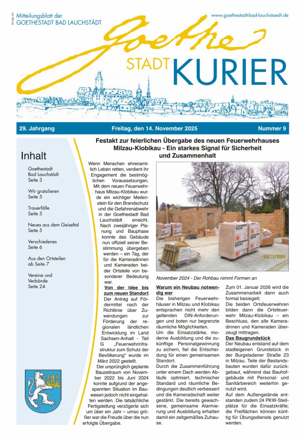 Goethestadt Kurier - Mitteilungsblatt der Goethestadt Bad Lauchstädt Titelblatt 09/2025