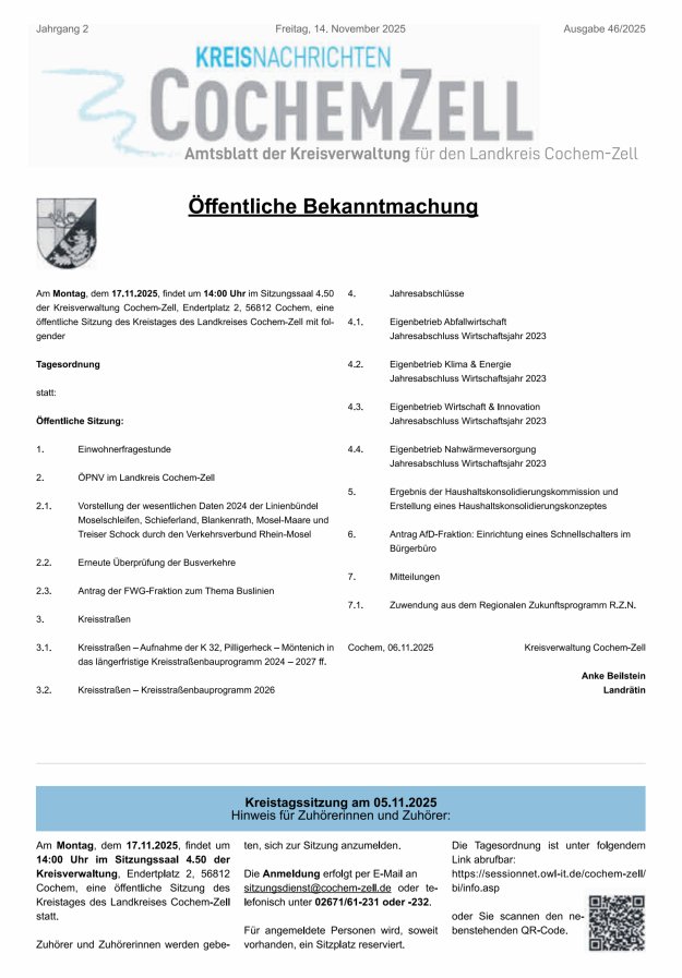 Kreisnachrichten Cochem-Zell Titelblatt 46/2025