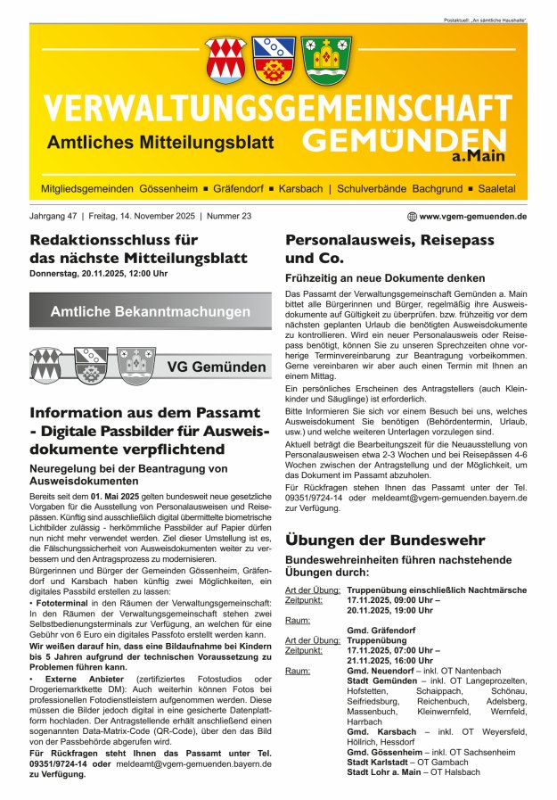 Mitteilungsblatt der VG Gemünden a Main Titelblatt 23/2025