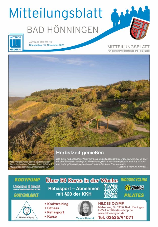 Mitteilungsblatt für den Bereich der Verbandsgemeinde Bad Hönningen Titelblatt 46/2025