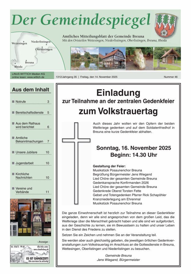 Der Gemeindespiegel (Breuna) Titelblatt 46/2025
