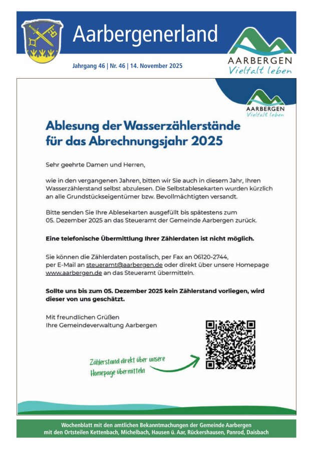 Aarbergenerland - Wochenblatt mit den amtlichen Bekanntmachungen Titelblatt 46/2025