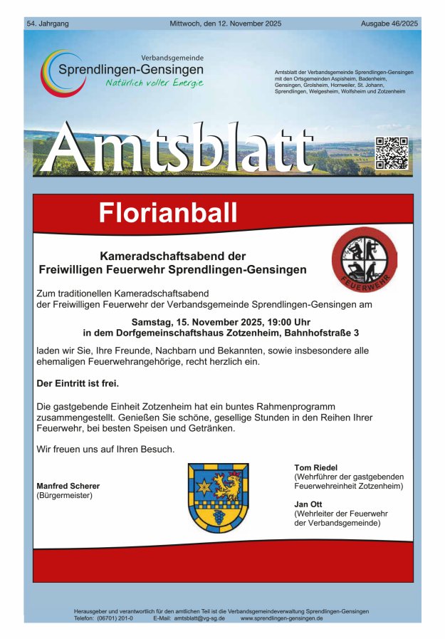 Amtsblatt VG Sprendlingen-Gensingen Titelblatt 46/2025