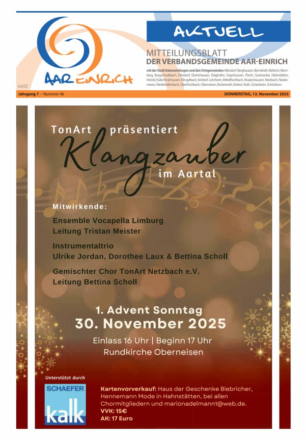 Mitteilungsblatt der Verbandsgemeinde Aar-Einrich Ausgabe Katzenelnbogen Titelblatt 46/2025