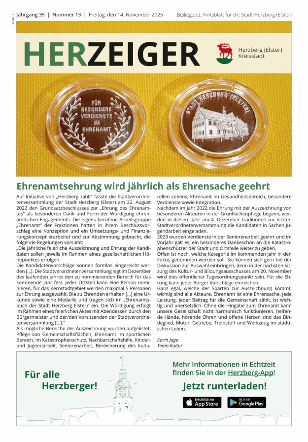 Amtsblatt für die Stadt Herzberg (Elster) mit Bekanntmachungen der Stadt  Titelblatt 13/2025