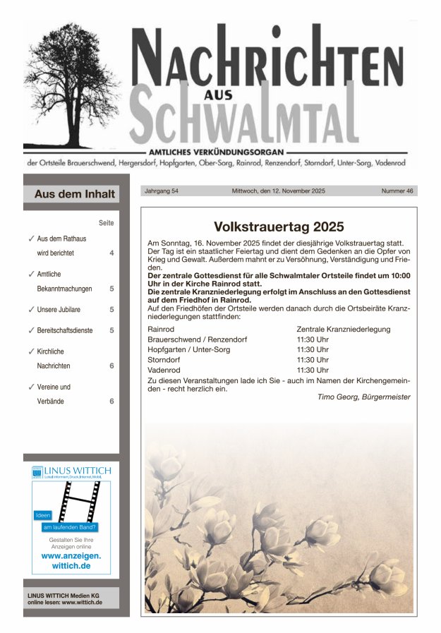 Nachrichten aus Schwalmtal Titelblatt 46/2025