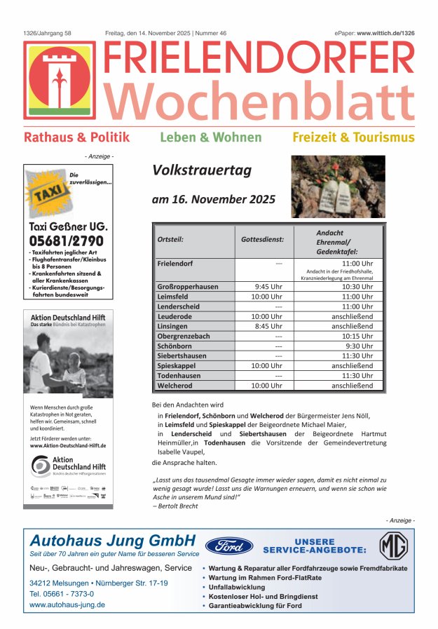Frielendorfer Wochenblatt Titelblatt 46/2025