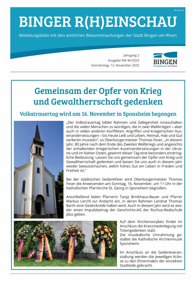 Binger R(h)einschau - Mitteilungsblatt mit den Amtlichen Bekanntmachungen der Stadt Bingen Titelblatt 46/2025