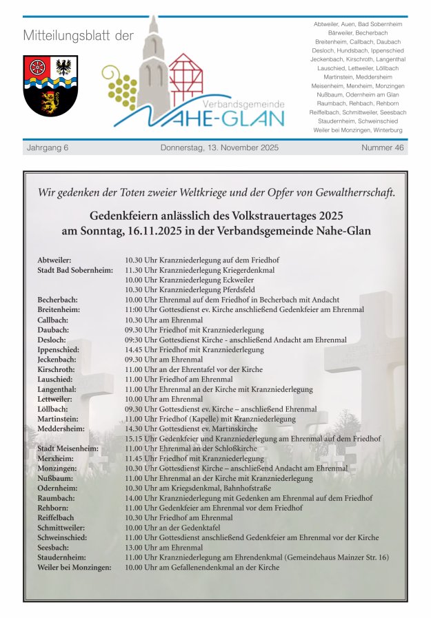 Mitteilungsblatt für die Verbandsgemeinde Nahe-Glan Titelblatt 46/2025