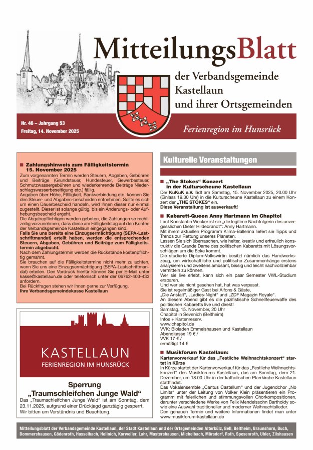 Mitteilungsblatt Kastellaun Titelblatt 46/2025