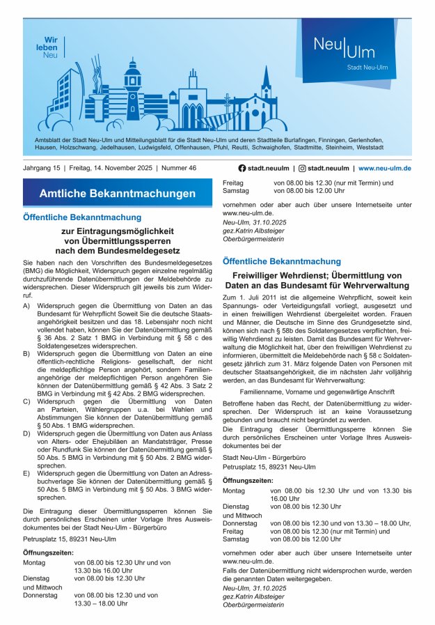 Amtsblatt der Stadt Neu-Ulm und Mitteilungsblatt für die Stadt Neu-Ulm Titelblatt 46/2025