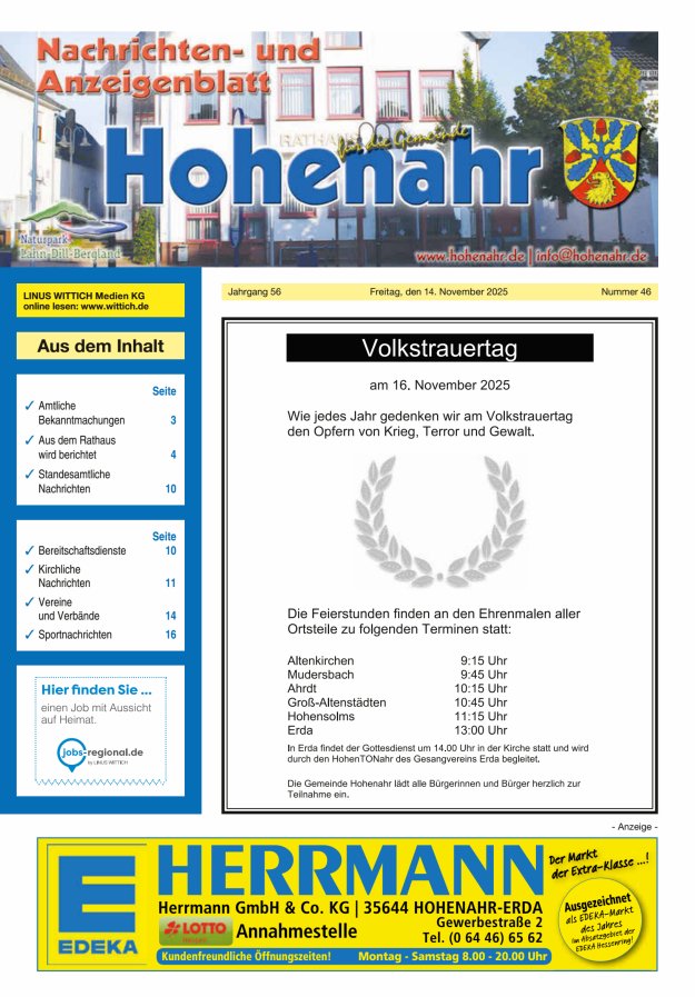 Nachrichten- und Anzeigenblatt für die Gemeinde Hohenahr Titelblatt 46/2025