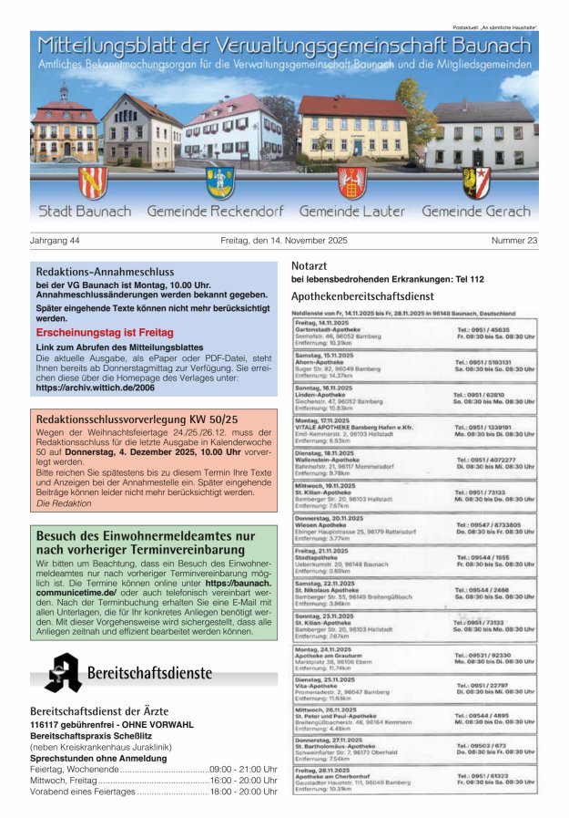 Mitteilungsblatt Verwaltungsgemeinschaft Baunach Titelblatt 23/2025