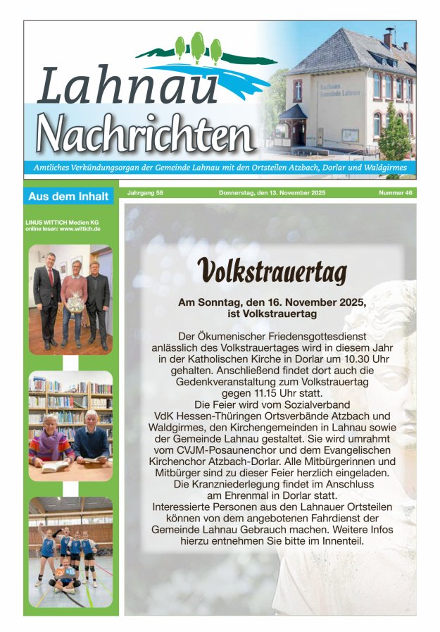 Lahnau Nachrichten Titelblatt 46/2025