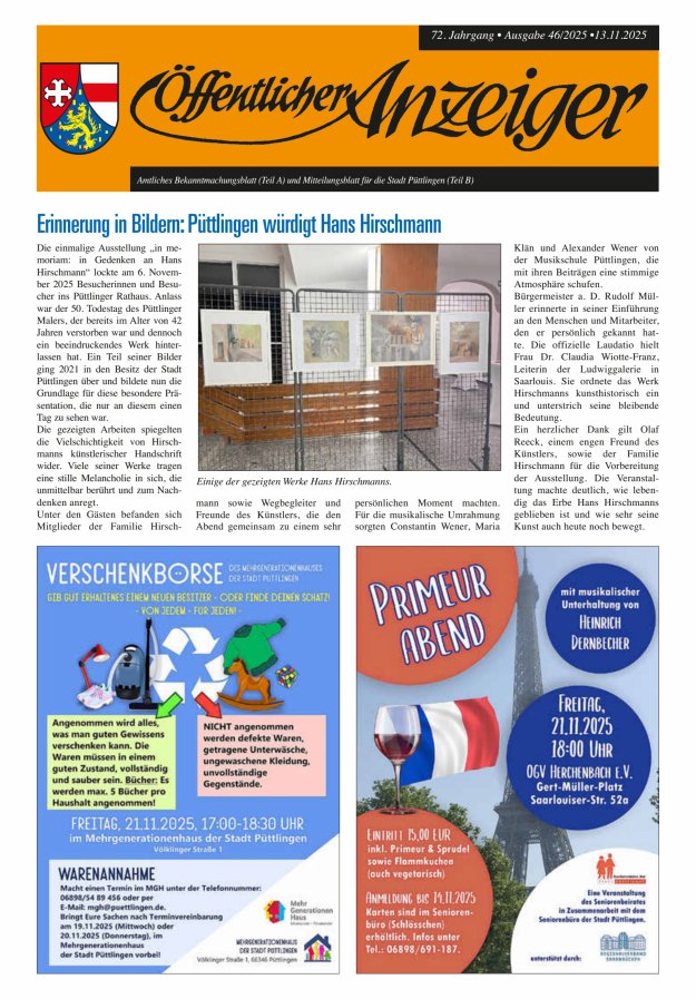 Öffentlicher Anzeiger - Stadt Püttlingen Titelblatt 46/2025