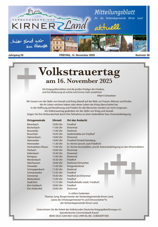 Mitteilungsblatt für den Bereich der Verbandsgemeinde Kirner Land Titelblatt 46/2025