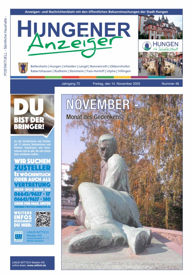 Anzeigen- und Nachrichtenblatt mit den öff  Bekanntmachungen der Stadt Hungen Titelblatt 46/2025