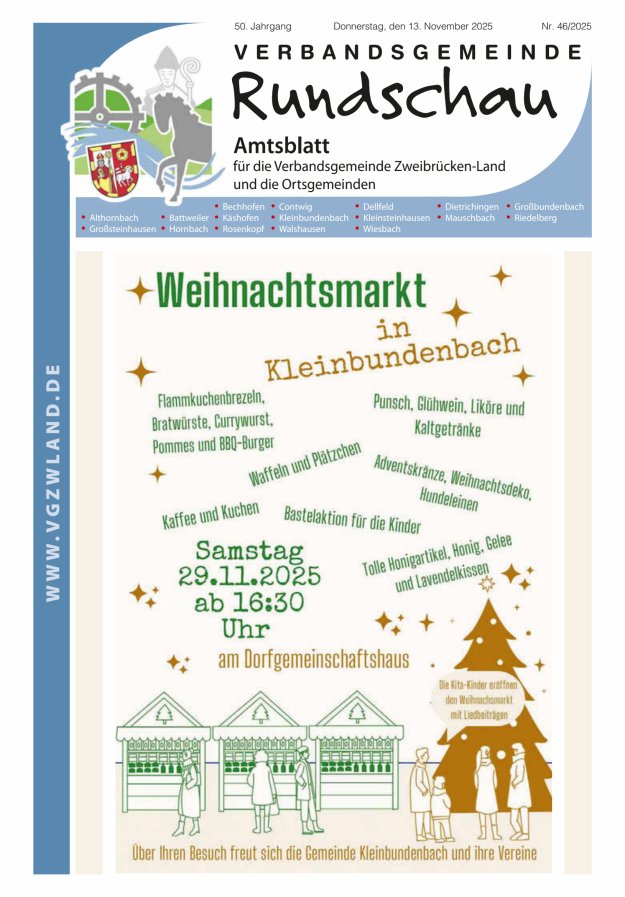 Verbandsgemeinde Rundschau Zweibrücken-Land Titelblatt 46/2025
