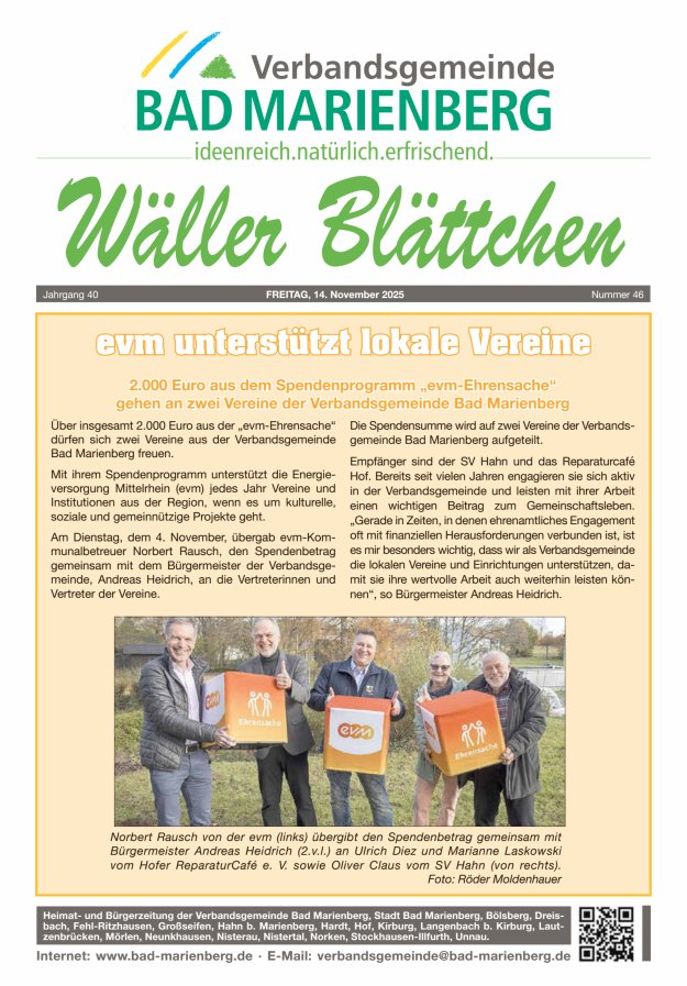 Wäller Blättchen - Verbandsgemeinde Bad Marienberg Titelblatt 46/2025
