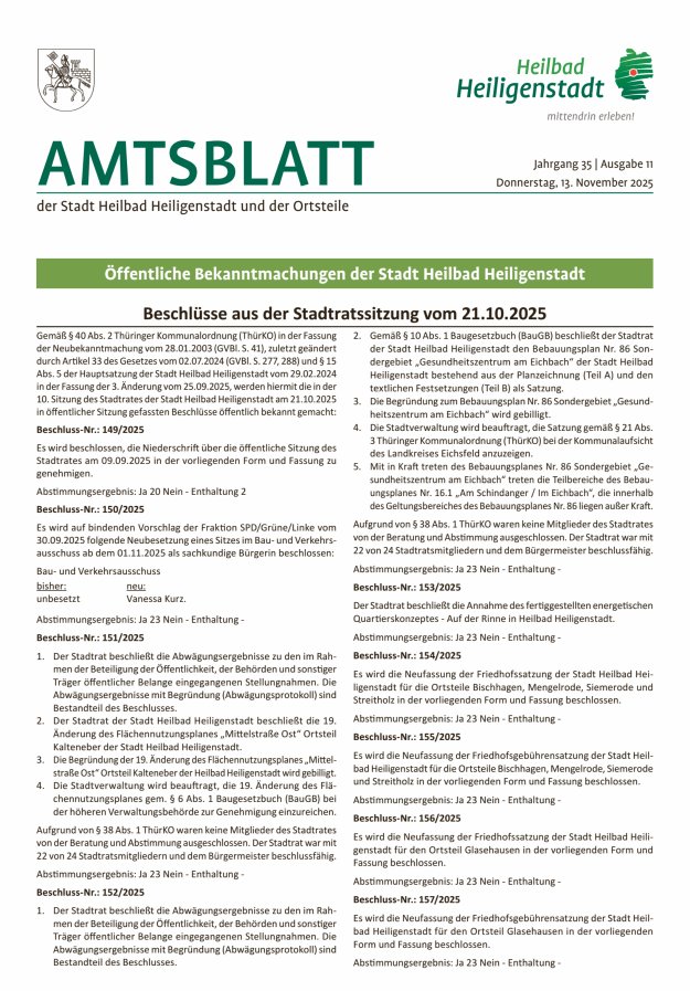 Amtsblatt der Stadt Heiligenstadt Titelblatt 11/2025