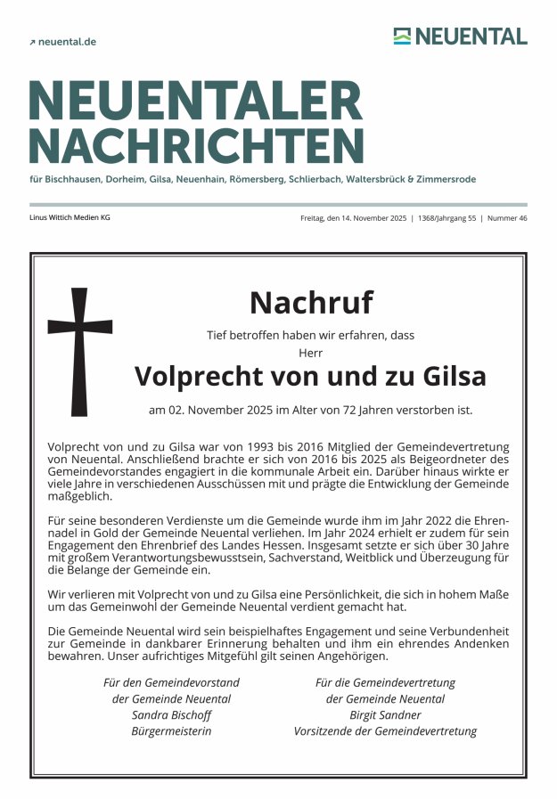 Neuentaler Nachrichten Titelblatt 46/2025