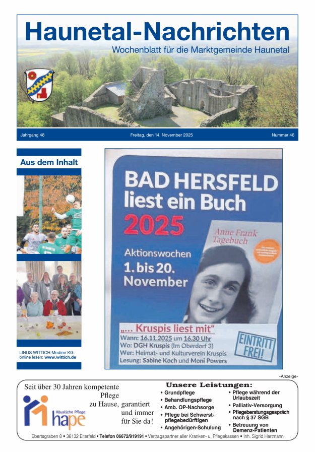 Haunetal-Nachrichten Titelblatt 46/2025