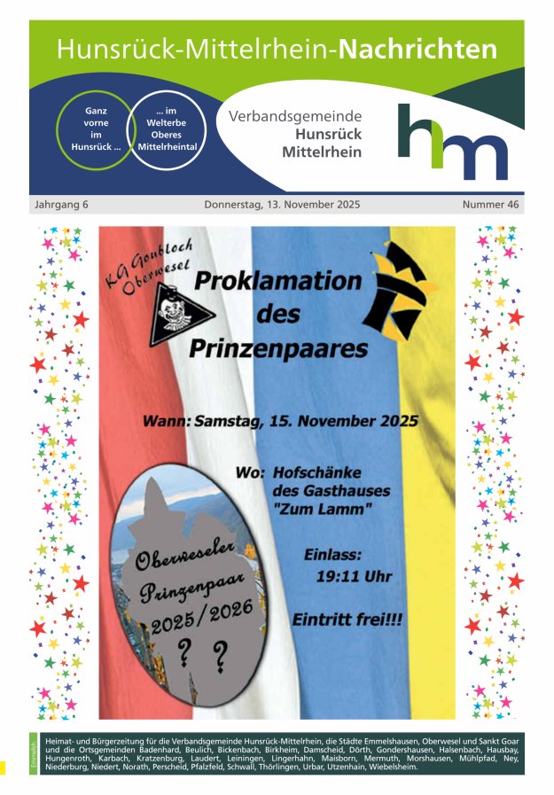 Hunsrück-Mittelrhein Nachrichten Ausgabe Emmelshausen Titelblatt 46/2025