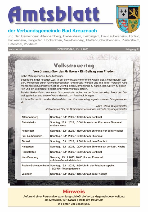 Amtsblatt der Verbandsgemeinde Bad Kreuznach Titelblatt 46/2025