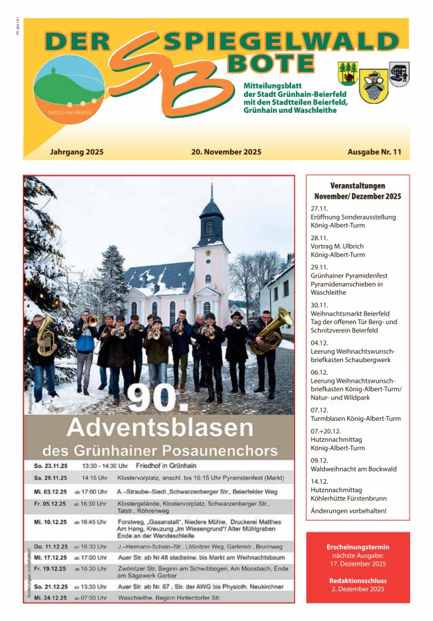 Der Spiegelwaldbote - Amts- und Mitteilungsblatt der Gemeinde Grünhain-Beierfeld  Titelblatt 11/2025