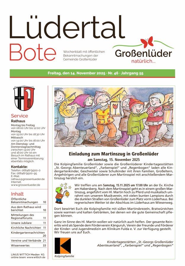Wochenblatt mit öffentlichen Bekanntmachungen der Gemeinde Großenlüder Titelblatt 46/2025