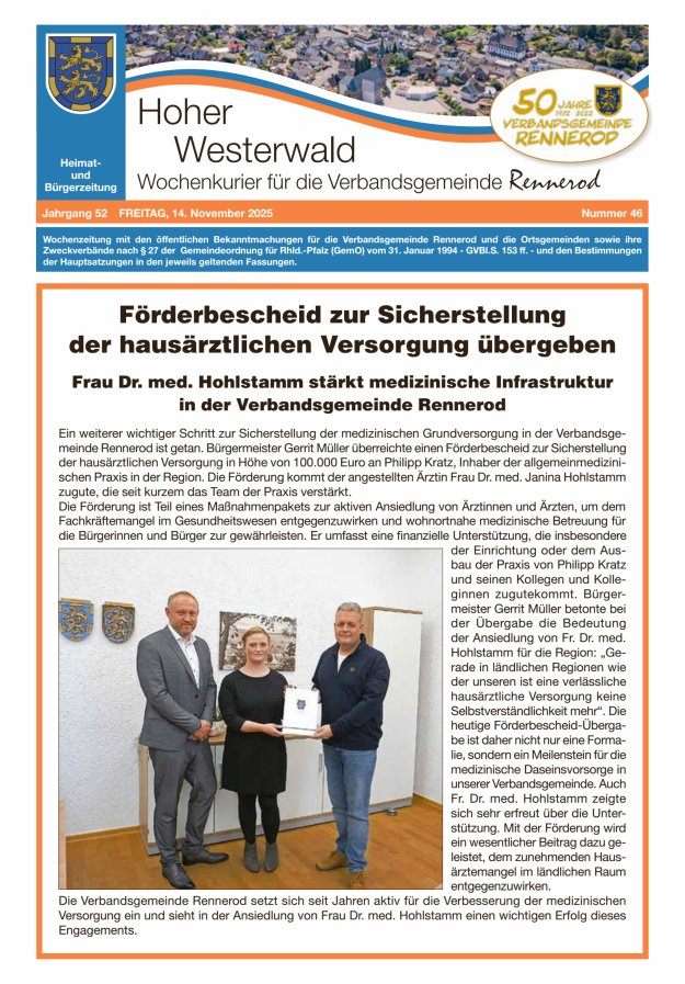 Hoher Westerwald - Wochenkurier für die Verbandsgemeinde Rennerod Titelblatt 46/2025