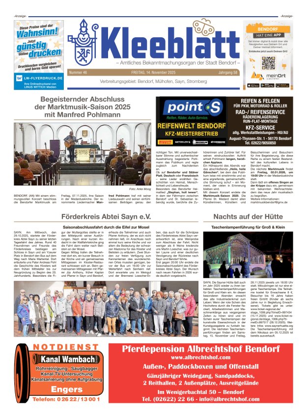 Kleeblatt - Amtliches Bekanntmachungsorgan der Stadt Bendorf Titelblatt 46/2025