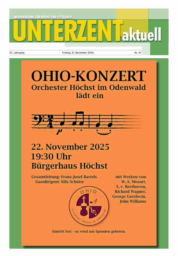 Unterzent aktuell Wochenzeitung für Höchst und Lützelbach Titelblatt 47/2025