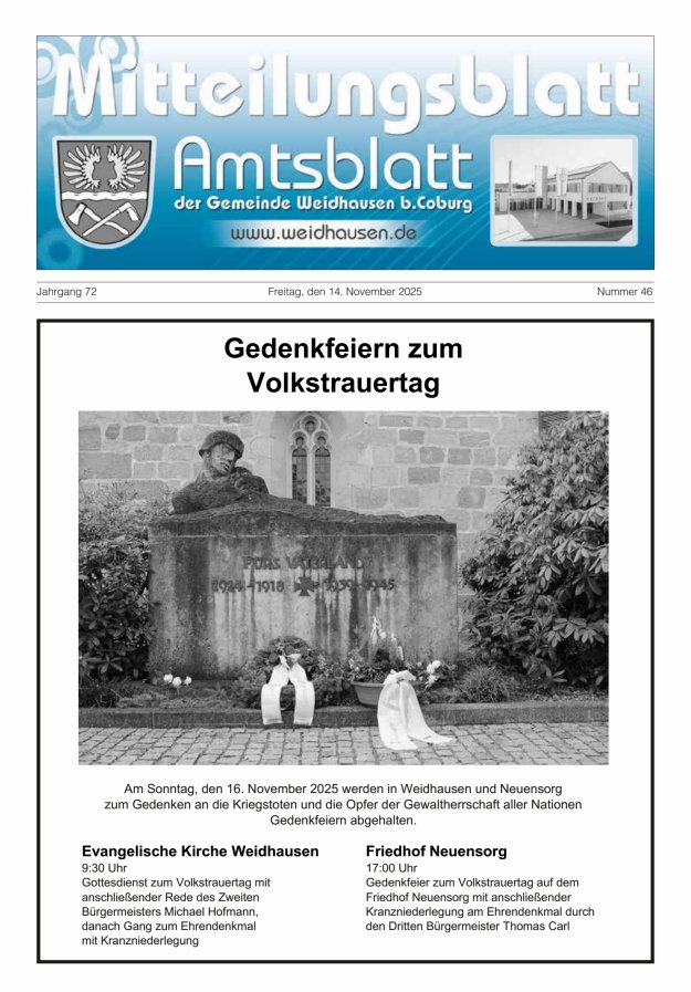 Mitteilungsblatt - Amtsblatt der Gemeinde Weidhausen b Coburg Titelblatt 46/2025