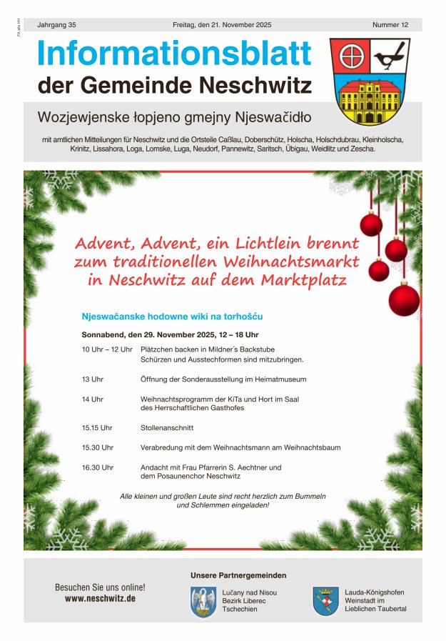 Informationsblatt der Gemeinde Neschwitz mit amtlichen Mitteilungen Titelblatt 12/2025
