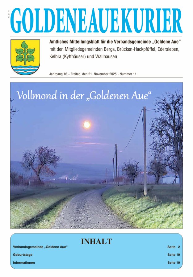 Goldene Aue Kurier – Amtliches Mitteilungsblatt für die Verbandsgemeinde "Goldene Aue" Titelblatt 11/2025