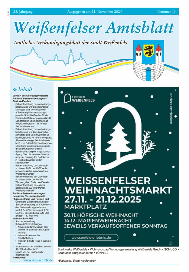 Weißenfelser Amtsblatt – Amtliches Verkündungsblatt der Stadt Weißenfels Titelblatt 11/2025