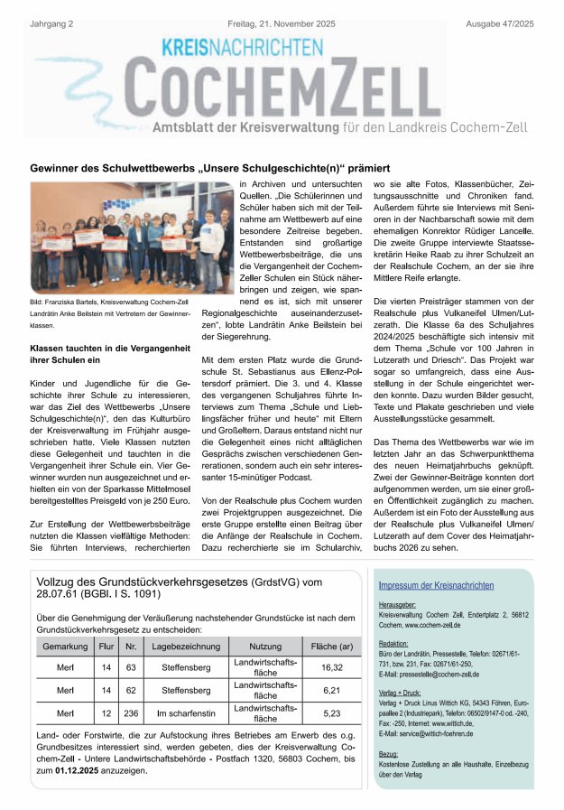 Kreisnachrichten Cochem-Zell Titelblatt 47/2025
