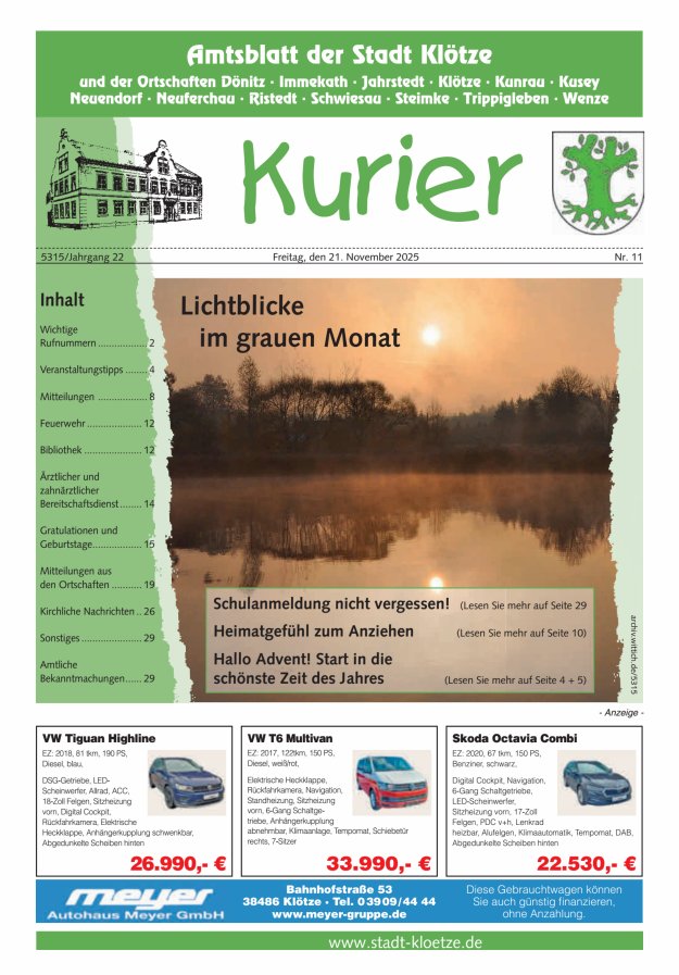Stadt Klötze Kurier Titelblatt 11/2025