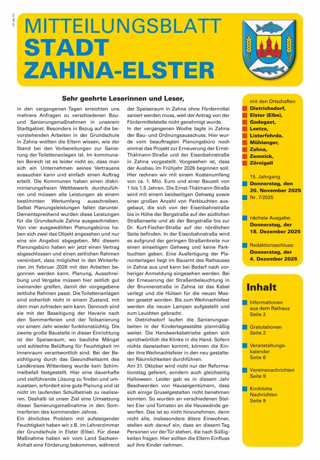 Mitteilungsblatt Stadt Zahna-Elster mit den Ortschaften Titelblatt 07/2025
