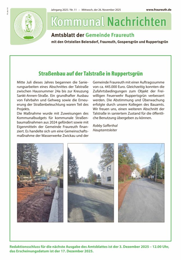 Kommunal-Nachrichten der Gemeinde Fraureuth Titelblatt 11/2025