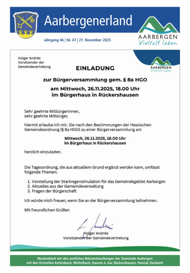 Aarbergenerland - Wochenblatt mit den amtlichen Bekanntmachungen Titelblatt 47/2025