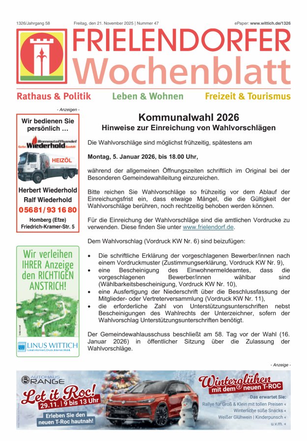 Frielendorfer Wochenblatt Titelblatt 47/2025