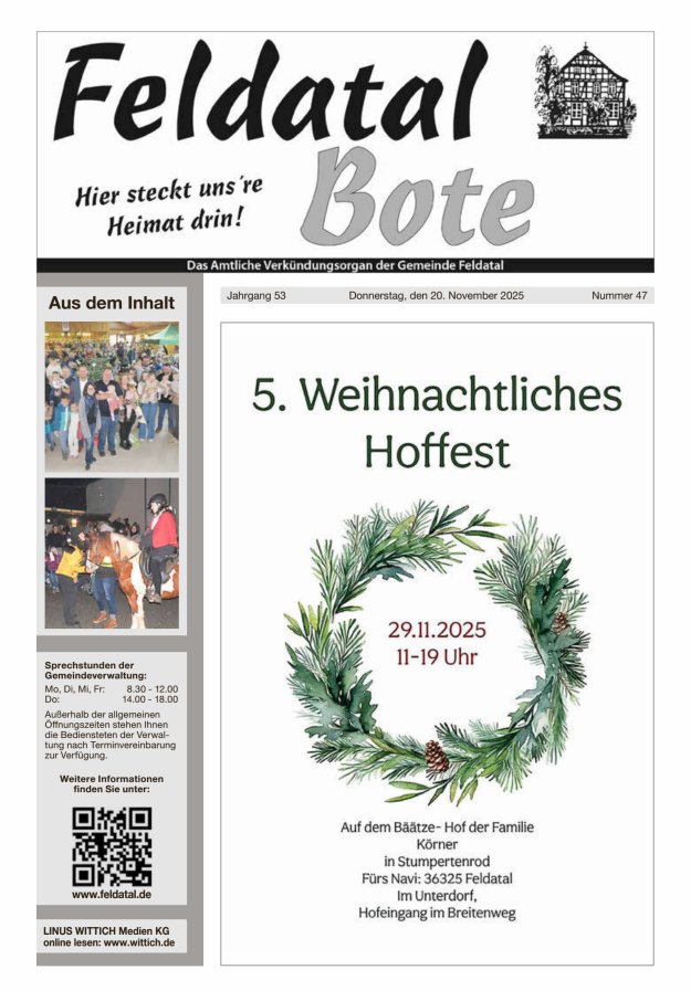 Das Amtliche Verkündungsorgan der Gemeinde Feldatal Titelblatt 47/2025