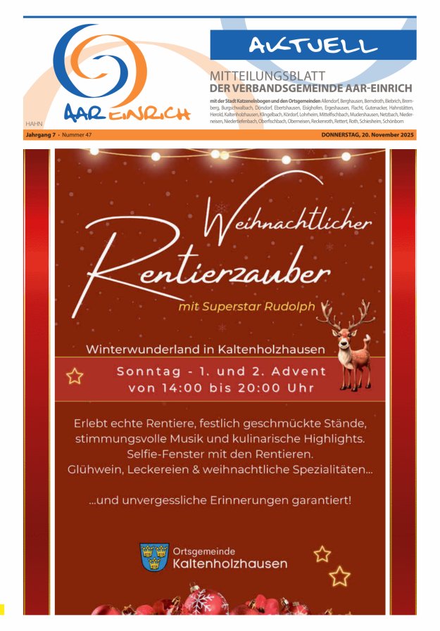 Mitteilungsblatt der Verbandsgemeinde Aar-Einrich Ausgabe Hahnstätten Titelblatt 47/2025