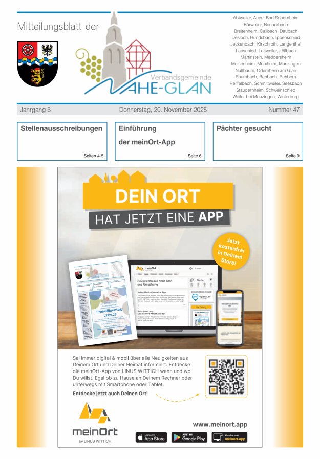 Mitteilungsblatt für die Verbandsgemeinde Nahe-Glan Titelblatt 47/2025