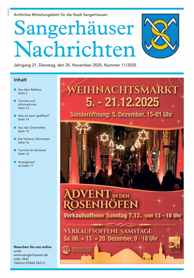Sangerhäuser Nachrichten – Amtliches Mitteilungsblatt für die Stadt Sangerhausen Titelblatt 11/2025