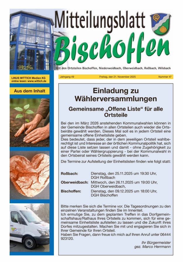 Mitteilungsblatt für die Gemeinde Bischoffen Titelblatt 47/2025
