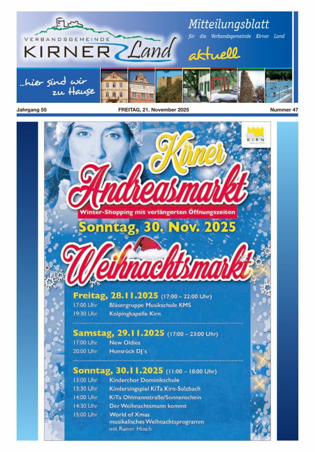 Mitteilungsblatt für den Bereich der Verbandsgemeinde Kirner Land Titelblatt 47/2025